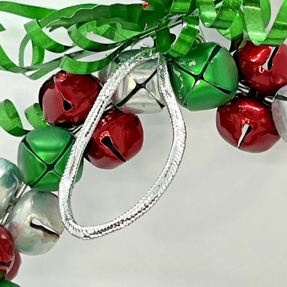Christmas Jingle Bell Wreath Red Silver Green With Holly Accent Metal